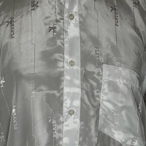 PLAYBOY Logo White Button Down Shirt Silk Look Shiny Finish SZ 15 1/2 34-35